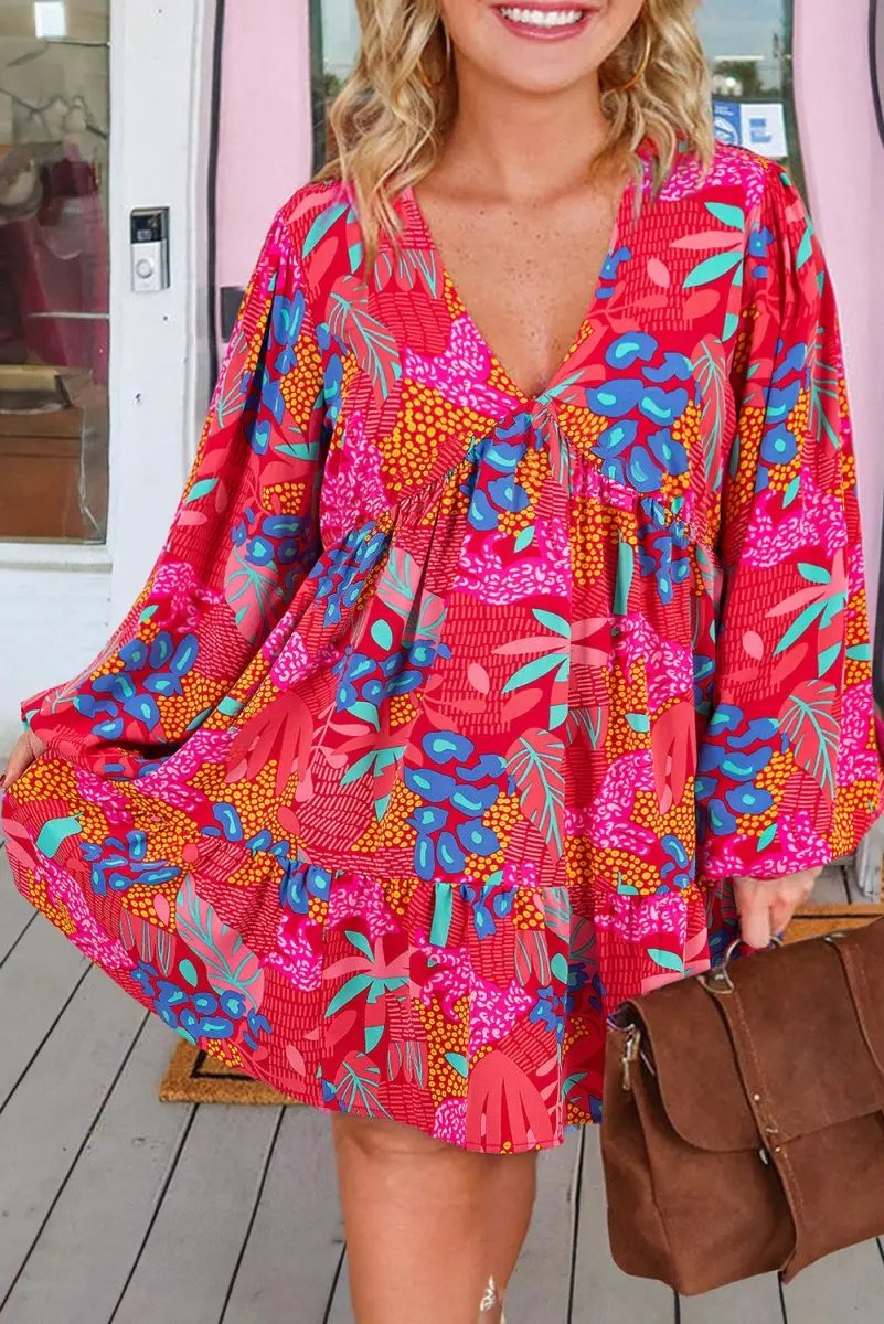 Rose Tropical Printed Lantern Sleeve V Neck Ruffled Plus Size Mini Dress - Love Salve